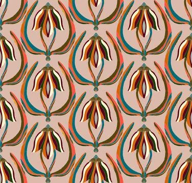 Seamless floral pattern with stylized decorative flowers and leaves in folk a Stock Illustration