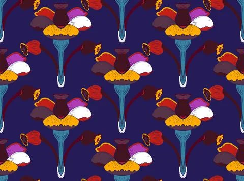 Seamless floral pattern with stylized decorative flowers and leaves in folk a Illustrazione stock
