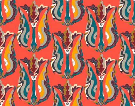 Seamless floral pattern with stylized decorative flowers and leaves in folk a Illustrazione stock