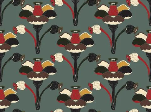 Seamless floral pattern with stylized decorative flowers and leaves in folk a Illustrazione stock