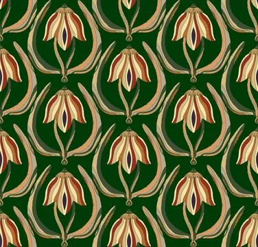 Seamless floral pattern with stylized decorative flowers and leaves in folk a Stock Illustration
