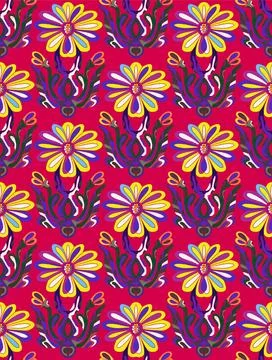 Seamless floral pattern with stylized decorative flowers and leaves in folk a Stock-Illustration