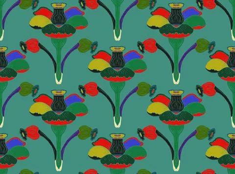 Seamless floral pattern with stylized decorative flowers and leaves in folk a Stock Illustration