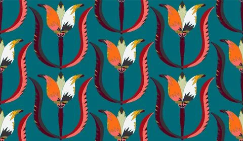 Seamless floral pattern with stylized decorative flowers and leaves in folk a Stock Illustration