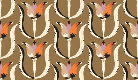 Seamless floral pattern with stylized decorative flowers and leaves in folk a Stock Illustration