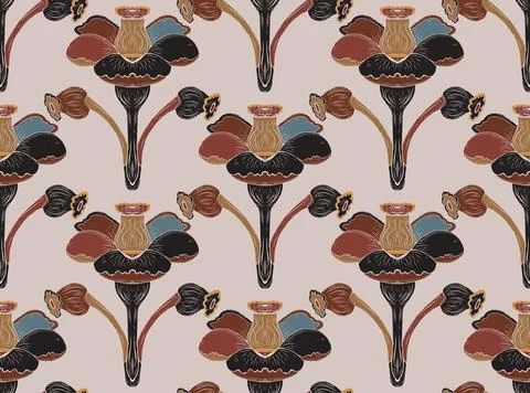 Seamless floral pattern with stylized decorative flowers and leaves in folk a Stock Illustration