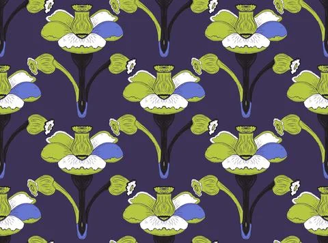 Seamless floral pattern with stylized decorative flowers and leaves in folk a Stock Illustration