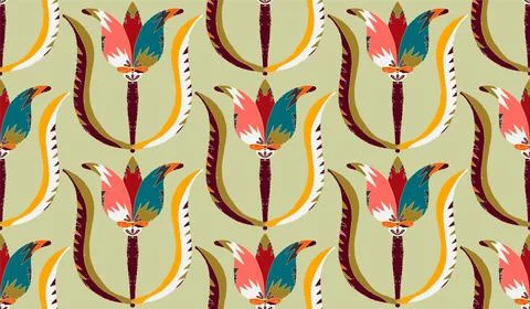 Seamless floral pattern with stylized decorative flowers and leaves in folk a Stock Illustration