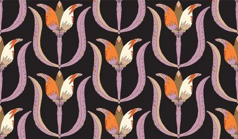 Seamless floral pattern with stylized decorative flowers and leaves in folk a Stock Illustration