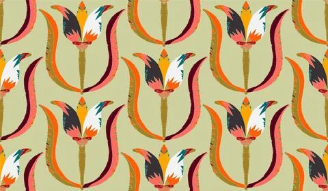 Seamless floral pattern with stylized decorative flowers and leaves in folk a Stock Illustration