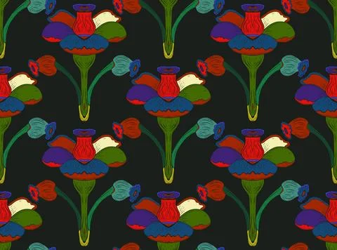 Seamless floral pattern with stylized decorative flowers and leaves in folk a Stock Illustration