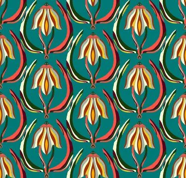 Seamless floral pattern with stylized decorative flowers and leaves in folk a Stock Illustration