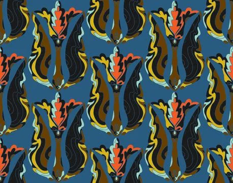 Seamless floral pattern with stylized decorative flowers and leaves in folk a Stock Illustration