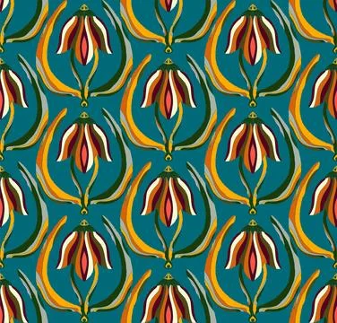 Seamless floral pattern with stylized decorative flowers and leaves in folk a Stock Illustration