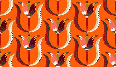 Seamless floral pattern with stylized decorative flowers and leaves in folk a Stock Illustration