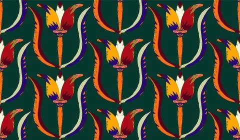 Seamless floral pattern with stylized decorative flowers and leaves in folk a Stock Illustration