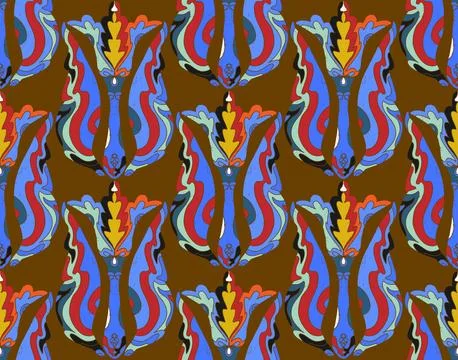 Seamless floral pattern with stylized decorative flowers and leaves in folk a Stock Illustration