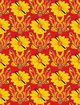 Seamless floral pattern with stylized decorative flowers and leaves in folk a Stock Illustration