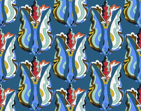 Seamless floral pattern with stylized decorative flowers and leaves in folk a イラスト素材