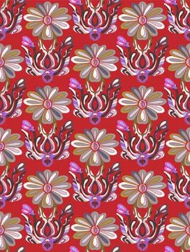 Seamless floral pattern with stylized decorative flowers and leaves in folk a Stock-Illustration