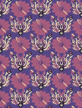 Seamless floral pattern with stylized decorative flowers and leaves in folk a Illustrazione stock