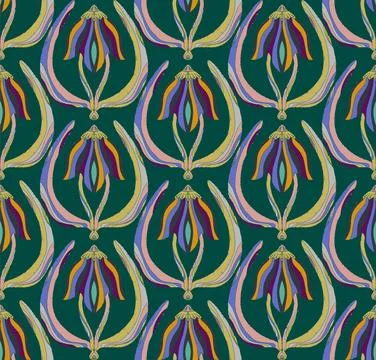 Seamless floral pattern with stylized decorative flowers and leaves in folk a Stock Illustration