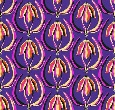 Seamless floral pattern with stylized decorative flowers and leaves in folk a Stock Illustration