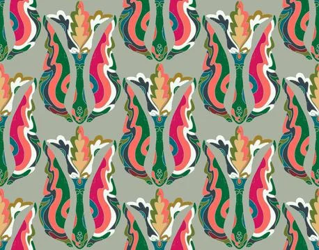 Seamless floral pattern with stylized decorative flowers and leaves in folk a Stock Illustration