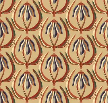 Seamless floral pattern with stylized decorative flowers and leaves in folk a Stock Illustration