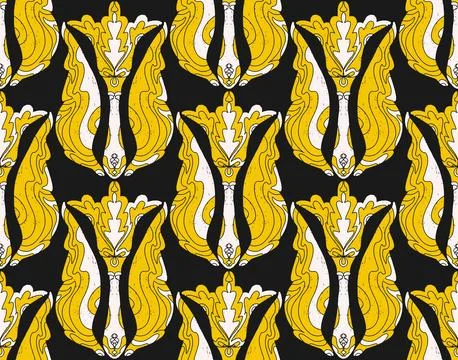 Seamless floral pattern with stylized decorative flowers and leaves in folk a Stock Illustration
