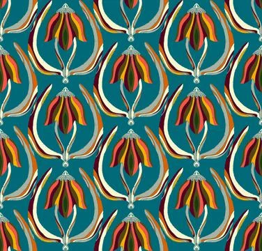 Seamless floral pattern with stylized decorative flowers and leaves in folk a 库存插图