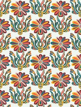 Seamless floral pattern with stylized decorative flowers and leaves in folk a Illustrazione stock
