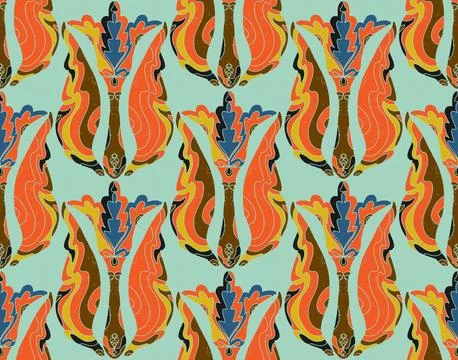 Seamless floral pattern with stylized decorative flowers and leaves in folk a Stock Illustration