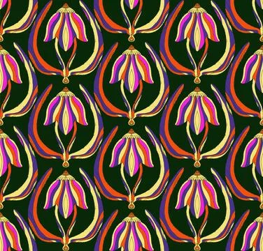 Seamless floral pattern with stylized decorative flowers and leaves in folk a Stock Illustration