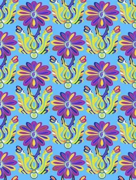 Seamless floral pattern with stylized decorative flowers and leaves in folk a Stock Illustration
