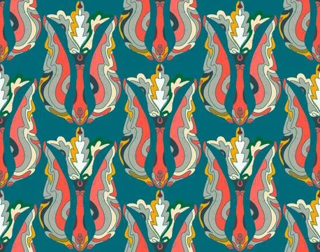 Seamless floral pattern with stylized decorative flowers and leaves in folk a Stock Illustration