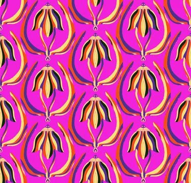Seamless floral pattern with stylized decorative flowers and leaves in folk a Stock Illustration