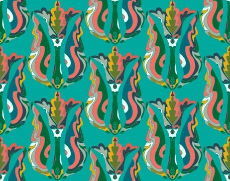 Seamless floral pattern with stylized decorative flowers and leaves in folk a Stock Illustration