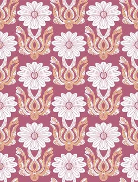 Seamless floral pattern with stylized decorative flowers and leaves in folk a Stock Illustration