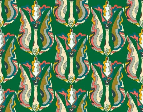 Seamless floral pattern with stylized decorative flowers and leaves in folk a Stock Illustration