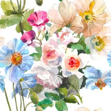 Seamless floral pattern with summer garden roses, yellow poppy and blue flower Stock Illustration
