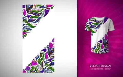 Seamless floral pattern on t-shirt mockup. Seamless border with hand draw Stock Illustration
