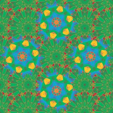 Seamless Floral Pattern in Vector illustration. Flowers on green, orange and blu 库存插图