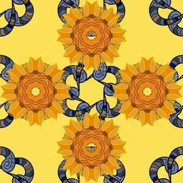 Seamless Floral Pattern in Vector illustration. Flowers on yellow, black and ora Stock Illustration