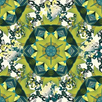 Seamless Floral Pattern in Vector illustration. Flowers on yellow, blue and gree 库存插图