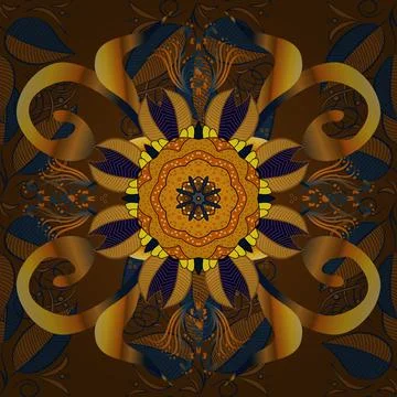 Seamless Floral Pattern in Vector illustration. Flowers on blue, yellow and brow Illustrazione stock