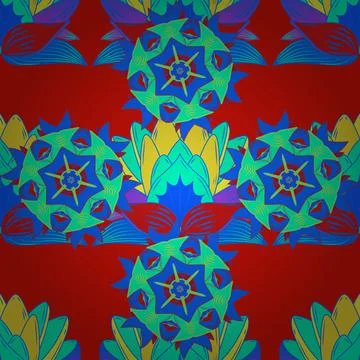 Seamless Floral Pattern in Vector illustration. Flowers on blue, green and red c Stock Illustration