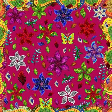 Seamless Floral Pattern in Vector illustration. Flowers on red, purple and green 库存插图