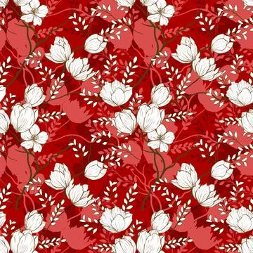 Seamless floral pattern with white blooming flowers and leaves Stock Illustration