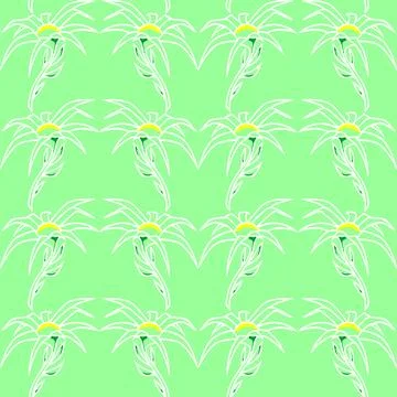 Seamless floral pattern of white contour flowers on a light green background Stock Illustration